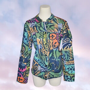 Vintage Winter Sun abstract Tye Dye Denim Jacket Colorful Artsy Boho Indie Sz S